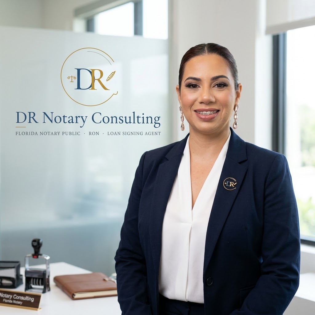 Dalis Rivera, Florida Notary Public, en su oficina, junto al logotipo de DR Notary Consulting